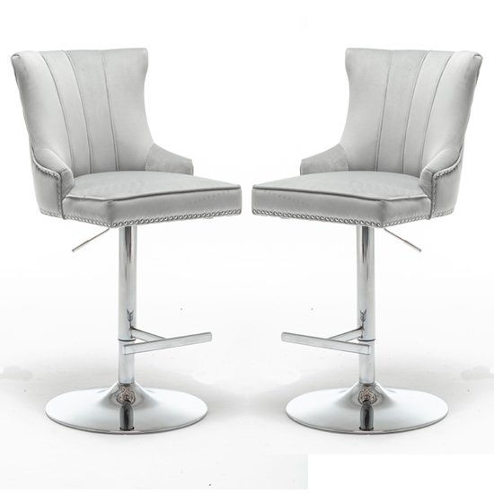 Montpellier Light Grey Velvet Gas Lift Bar Stool In Pair