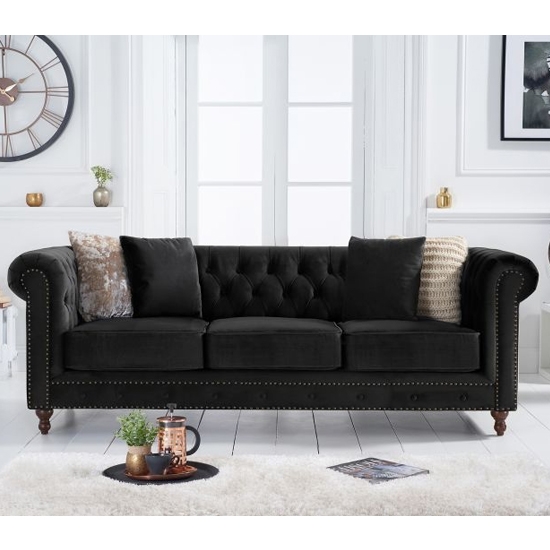 Montrose Velvet Upholstered Chesterfield 3 Seater Sofa In Black