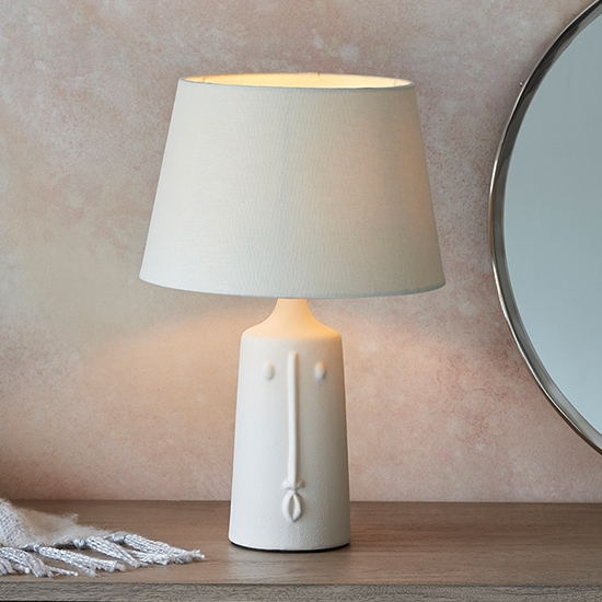 Mr Cici Ivory Linen Mix Tapered Shade Table Lamp In Matt White Ceramic Base