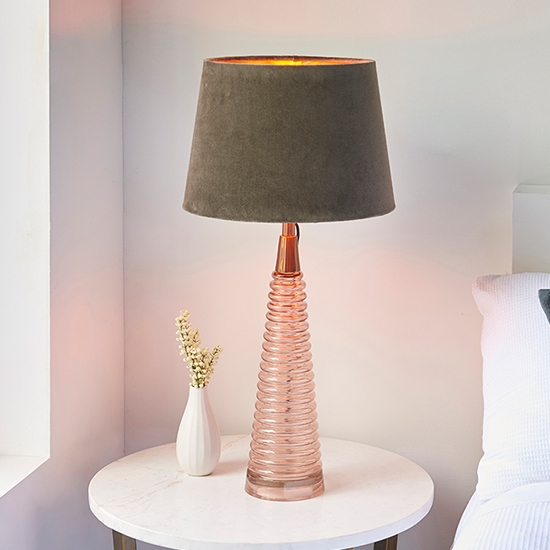 Naia Mocca Velvet Shade Table Lamp In Rose Pink Ribbed Glass Base