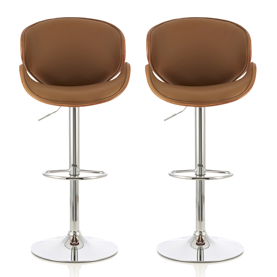 Nancy Beige And Walnut Faux Leather Swivel Bar Stools In Pair