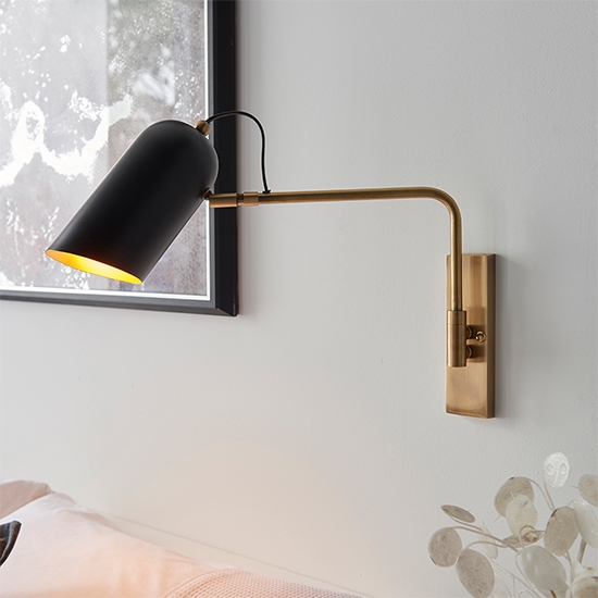 Navren Matt Black Shade Swing Arm Wall Light In Antique Brass