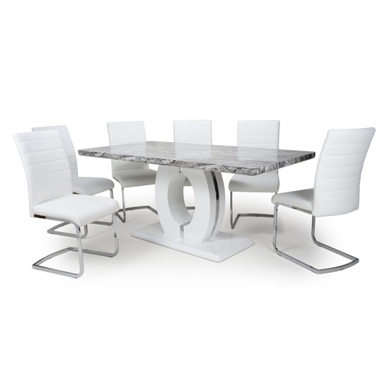 Neptune Large Gloss Grey White Marble Effect Dining Table With 6 Callisto White Leather Dining Chairs