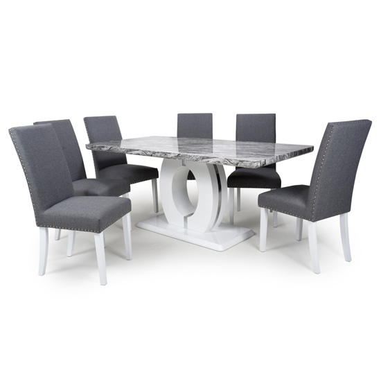 Neptune Large Gloss Grey White Marble Effect Dining Table With 6 Randall Steel Grey Linen Dining Chairs