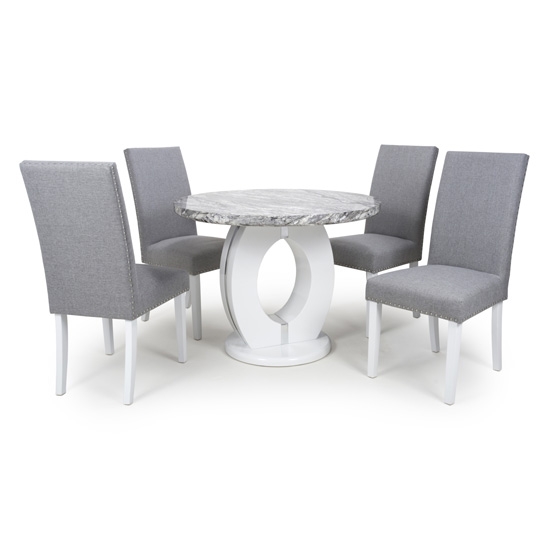 Neptune Round High Gloss Grey And White Marble Effect Dining Table With 4 Randall Silver Grey Chairs