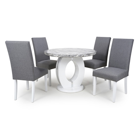 Neptune Round High Gloss Grey And White Marble Effect Dining Table With 4 Randall Steel Grey Chairs