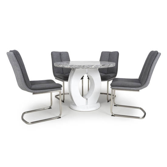 Neptune Round High Gloss Grey And White Marble Effect Dining Table With 4 Triton Dark Grey Chairs