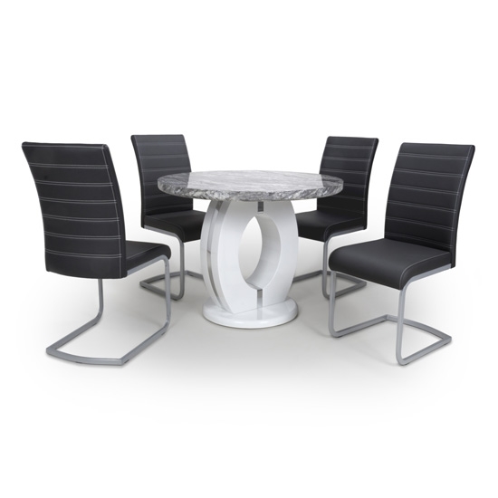 Neptune Round High Gloss Grey And White Marble Effect Dining Table With 4 Callisto Black Leather Chairs