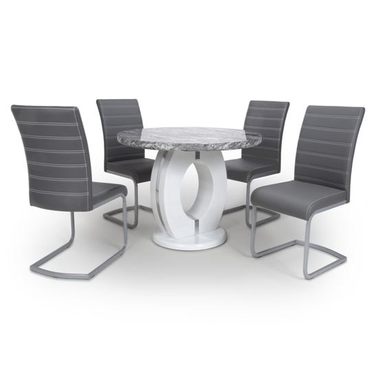 Neptune Round High Gloss Grey And White Marble Effect Dining Table With 4 Callisto White Leather Chairs