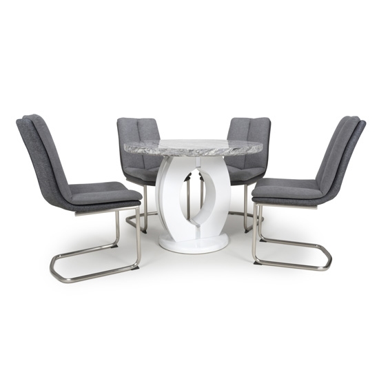 Neptune Round High Gloss Grey And White Marble Effect Dining Table With 4 Triton Light Grey Chairs