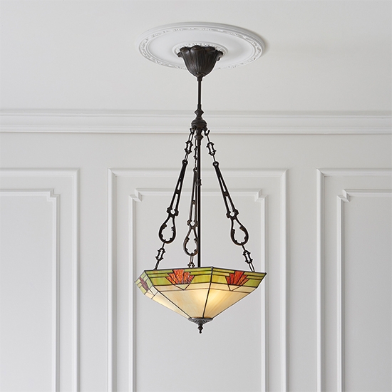 Nevada Large Inverted Tiffany Glass 3 Lights Ceiling Pendant Light In Dark Bronze