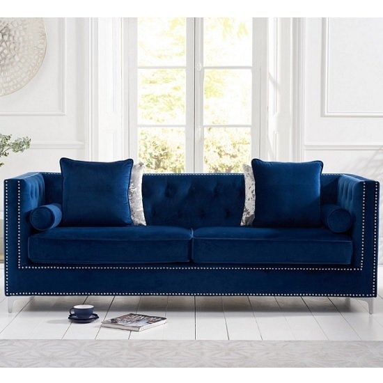 New England Velvet Upholstered 4 Seater Sofa In Blue