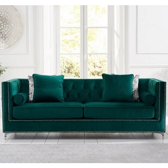 New England Velvet Upholstered 4 Seater Sofa In Green