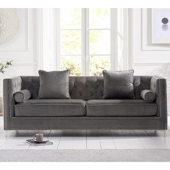 New England Velvet Upholstered 4 Seater Sofa In Grey