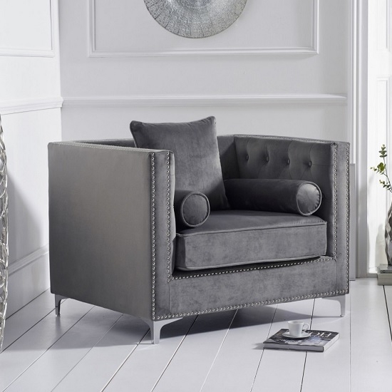 New England Velvet Upholstered Armchair In Grey
