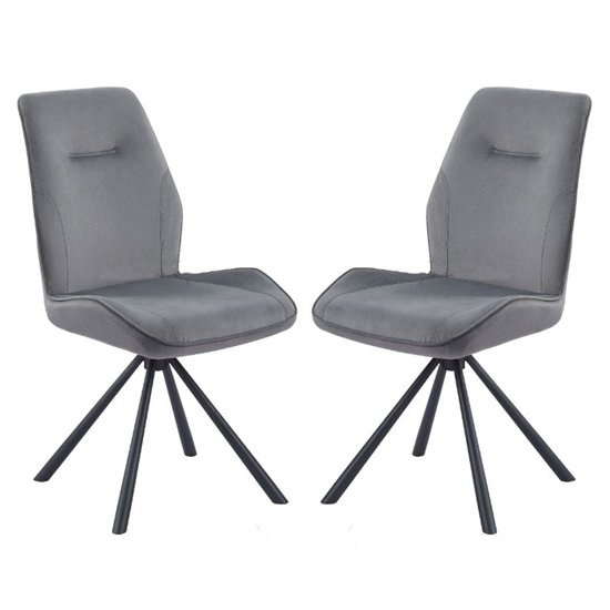 Nico Swivel Grey Velvet Dining Chair In Pair With Black Metal Legs