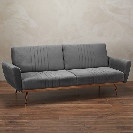 Nico Velvet Upholstered Sofa Bed In Grey With Copper Legs