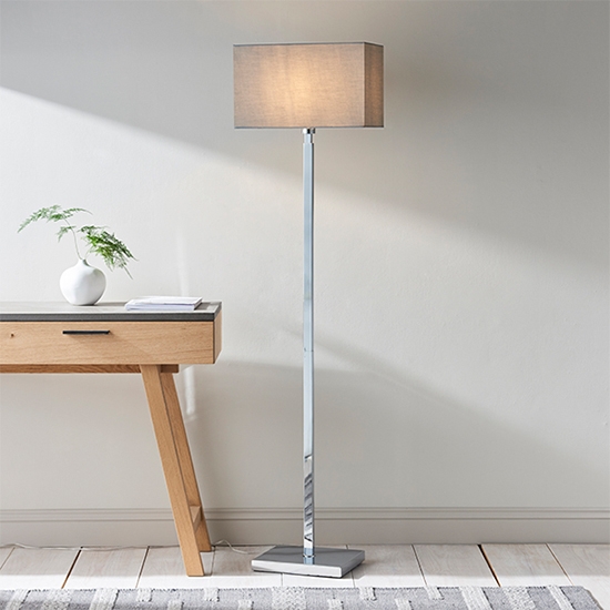 Norton Cool Grey Fabric Rectangular Shade Floor Lamp In Polished Chrome