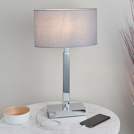 Norton Grey Ellipse Shade Table Lamp With Usb In Polished Chrome