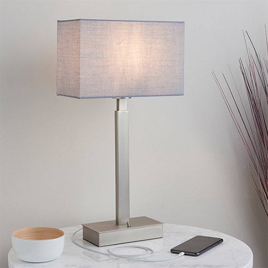 Norton Rectangular Grey Shade Table Lamp With Usb In Matt Nickel