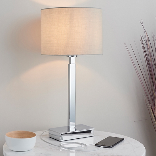 Norton Taupe Cylinder Shade Table Lamp With Usb In Polished Chrome