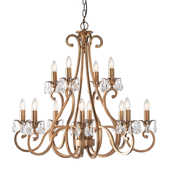 Oksana 12 Lights Clear Crystal Ceiling Pendant Light In Antique Brass