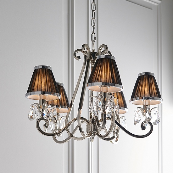 Oksana Clear Crystal 5 Lights Ceiling Pendant Light In Polished Nickel With Black Shades