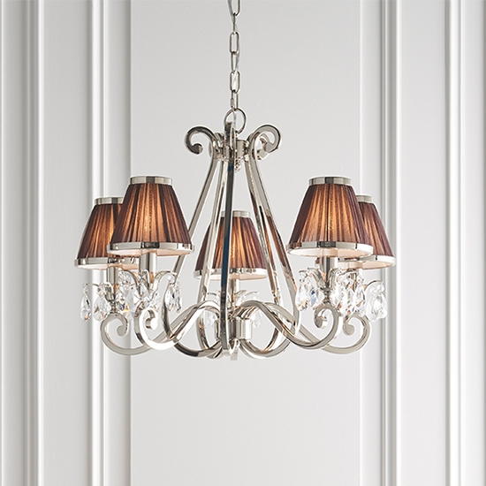 Oksana Clear Crystal 5 Lights Ceiling Pendant Light In Polished Nickel With Chocolate Shades