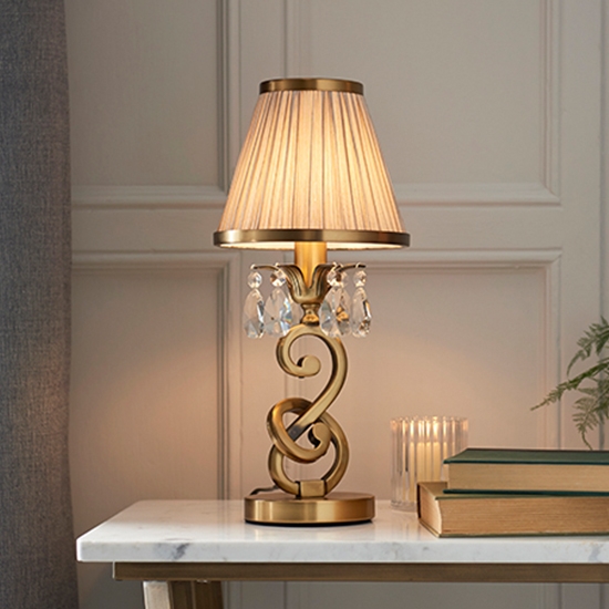 Oksana Small Beige Shade Table Lamp In Antique Brass