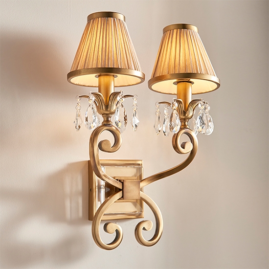 Oksana Twin Beige Shades Wall Light In Antique Brass