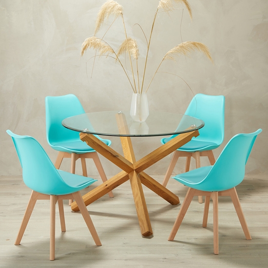 Oporto Glass Top Medium Dining Table With 4 Louvre Aqua Chairs