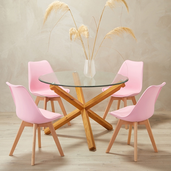 Oporto Glass Top Medium Dining Table With 4 Louvre Baby Pink Chairs