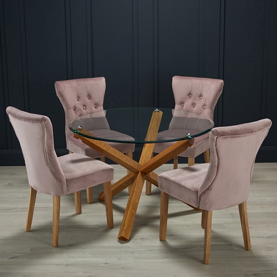 Oporto Glass Top Medium Dining Table With 4 Naples Blush Pink Chairs