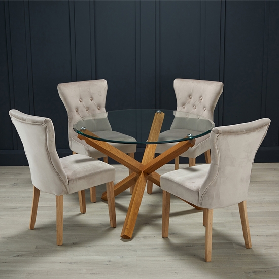 Oporto Glass Top Medium Dining Table With 4 Naples Champagne Chairs