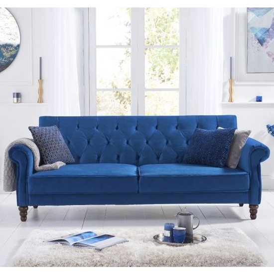 Ora Velvet Upholstered Sofa Bed In Blue