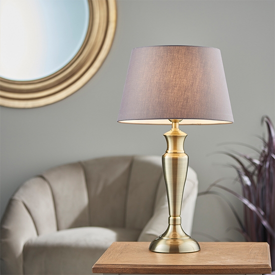 Oslo And Evie Large Charcoal Shade Table Lamp In Antique Brass