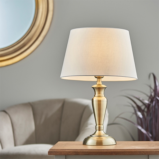 Oslo And Evie Small Pale Grey Shade Table Lamp In Antique Brass