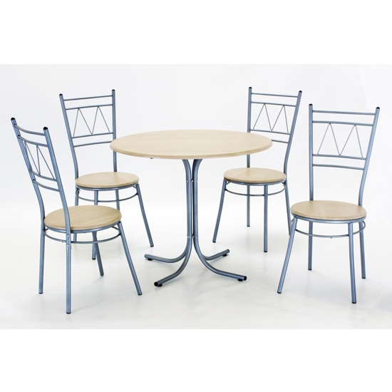 Oslo Round Wooden Dining Set In Silver And Beech With 4 Chairs