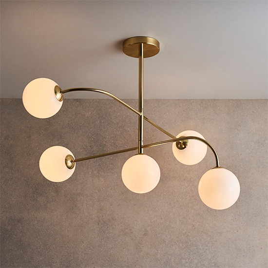 Otto Gloss Opal Glass Shades 5 Lights Semi Flush Ceiling Light In Brushed Brass