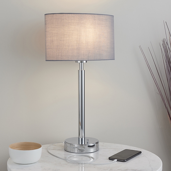 Owen Grey Ellipse Shade Table Lamp With Usb In Polished Chrome