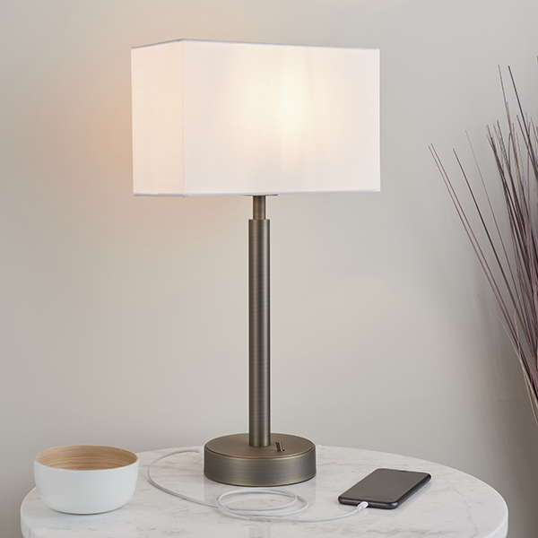 Owen Rectangular White Shade Table Lamp With Usb In Dark Bronze