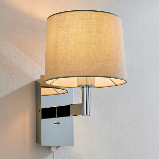 Owen Usb Taupe Fabric Taper Cylinder Shade Wall Light In Polished Chrome