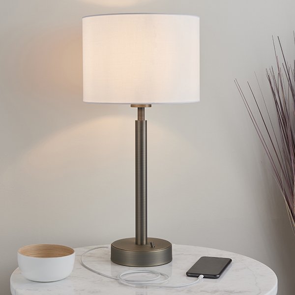 Owen White Cylinder Shade Table Lamp With Usb In Dark Bronze