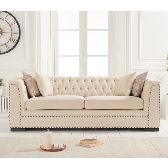 Pauletta Linen Fabric Upholstered 3 Seater Sofa In Beige