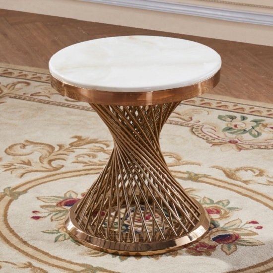 Pescara Round Marble Lamp Table In White With Rose Gold Base