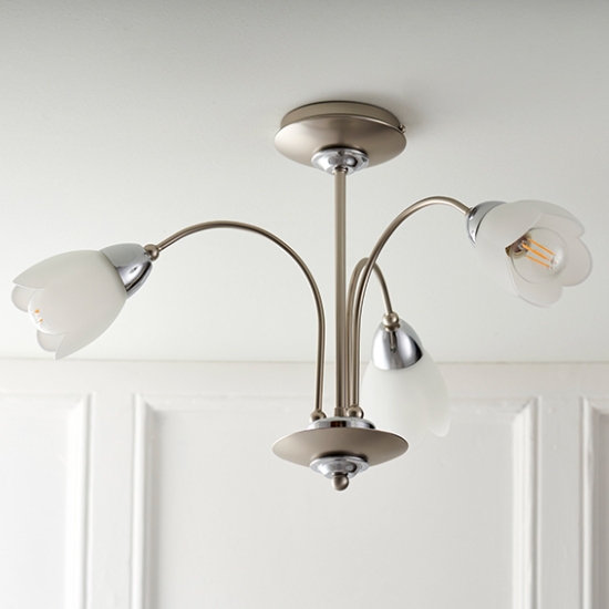 Petal Matt Opal Glass 3 Lights Semi Flush Ceiling Light In Satin Chrome