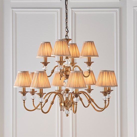 Polina 12 Lights Beige Shades Ceiling Pendant Light In Antique Brass