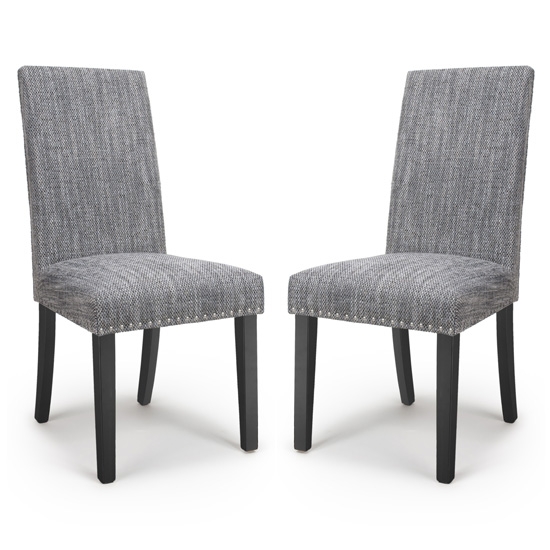 Randall Tweed Grey Fabric Dining Chairs In Pair With Black Legs