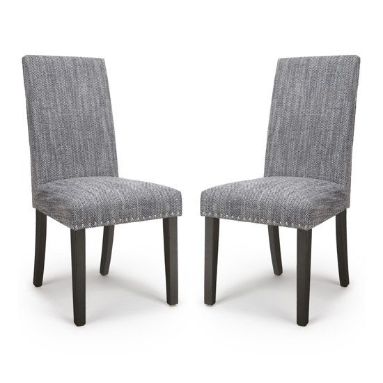 Randall Tweed Grey Fabric Dining Chairs In Pair With Brown Legs