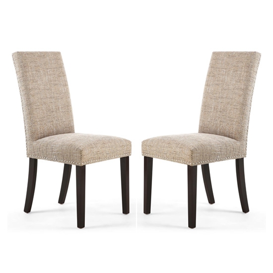 Randall Tweed Oatmeal Fabric Dining Chairs In Pair With Brown Legs